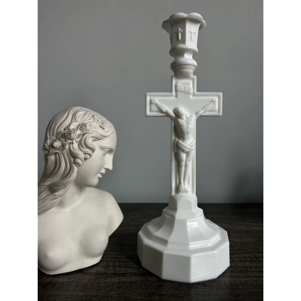 Vintage Milk Glass Crucifix Candle Holder